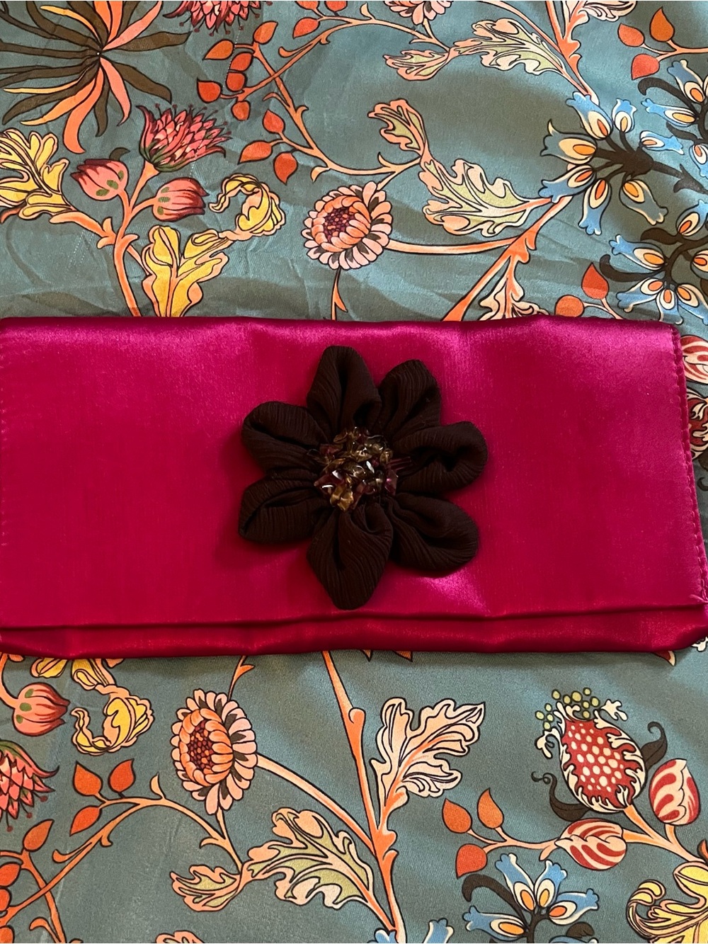 Magenta Satin Clutch with Chocolate Brown Floral Accent
